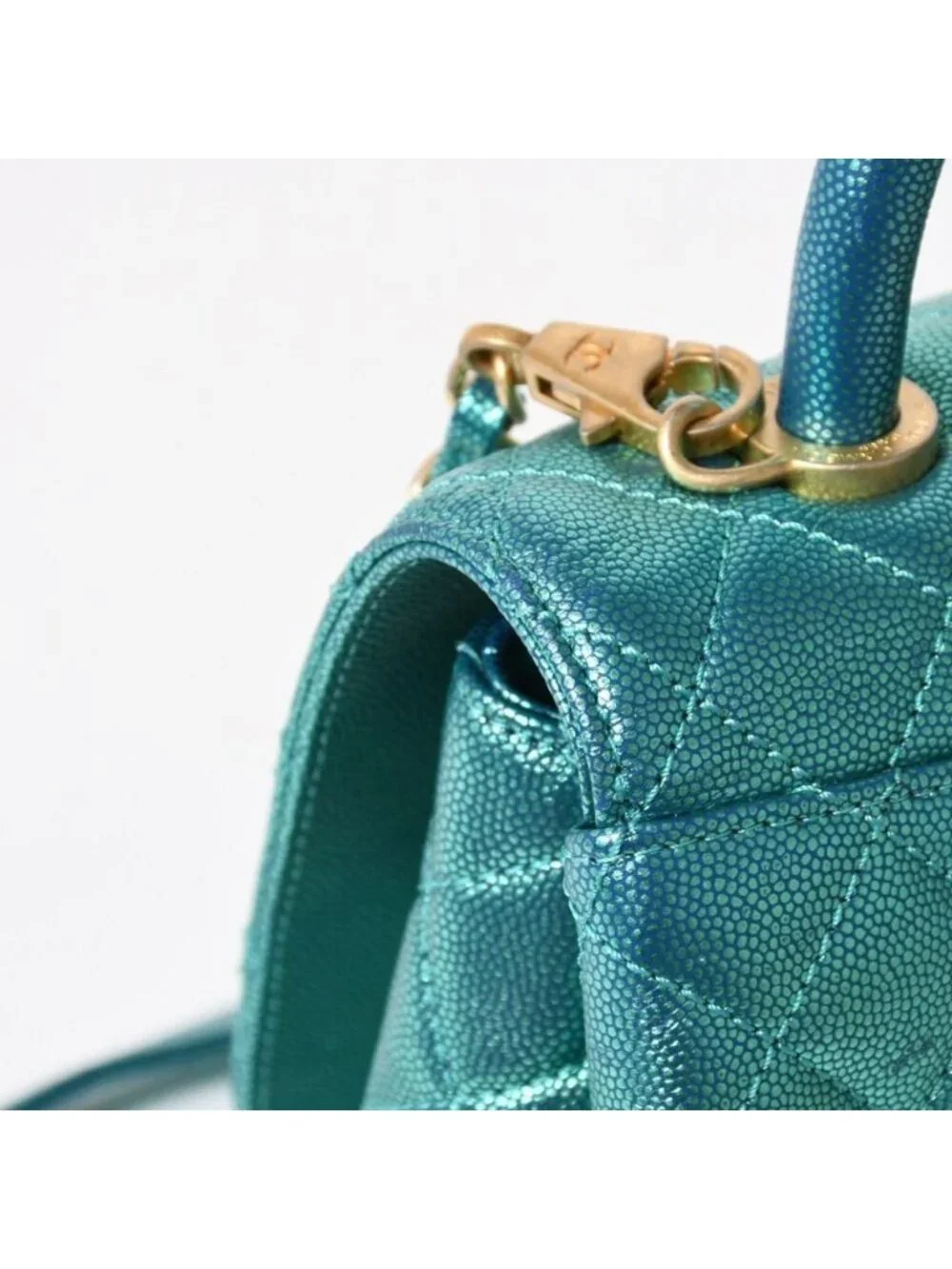 Chanel Coco Handle 29 2-Way Bag CC Logo Caviar Leather Metallic Green Gold